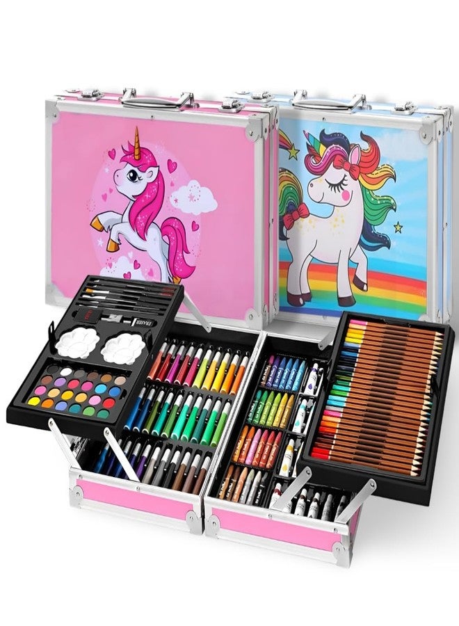 Brille Bee Unicorn Art&Craft Painting Box,Big Coloring Suitcase Multiple 145 Color Kit,Professional Drawing Water Color Pencils,Oil Pastel,Sketches&Acrylic Paint Brush for Girls&Boys (Unicorn) - Image 1